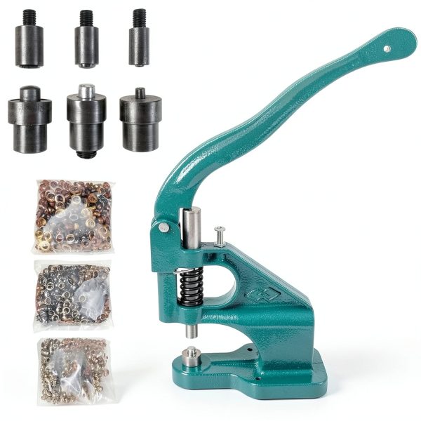 QWORK - Hand Press Heavy Duty Eyelet Grommet Machine Punch Tool Kit with 3 Dies and 1500 Pcs Silver Grommets-0